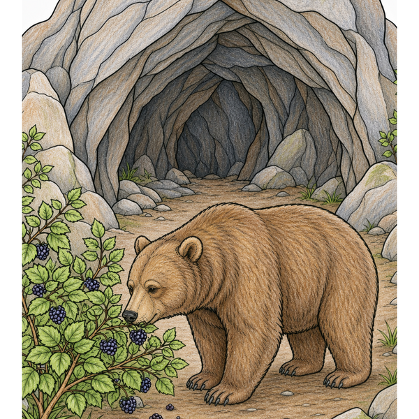 Kolorierter Braunbär an einer felsigen Höhle